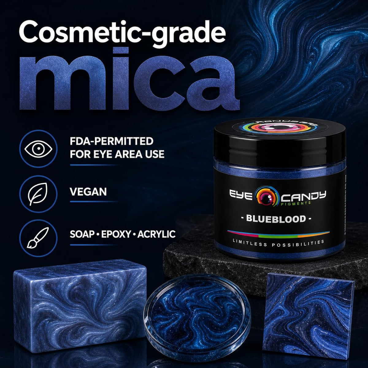 Pigments Premium Blue Mica Powder - Blueblood (50Gr) - for Epoxy, Resin, Soap, Paint, Woodworking, Acrylic Pouring, Bath Bombs, Fishing Lures - DIY Arts and Crafts Additive