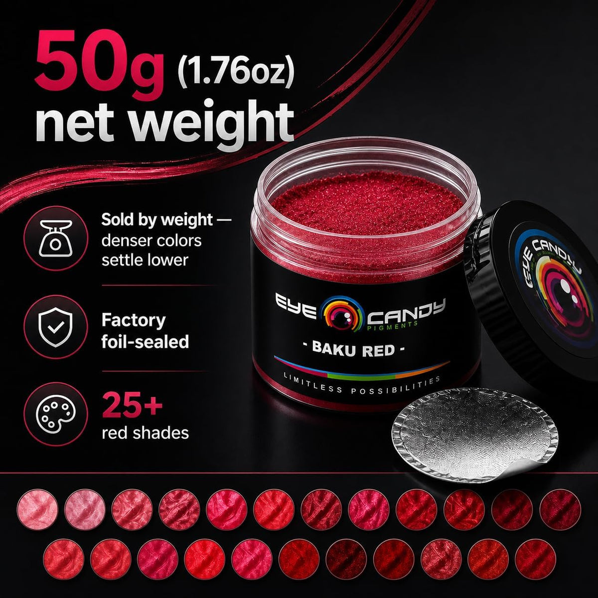 Pigments Premium Red Mica Powder - Baku Red (50Gr) - for Epoxy, Resin, Soap, Paint, Woodworking, Acrylic Pouring, Bath Bombs, Fishing Lures - DIY Arts and Crafts Additive