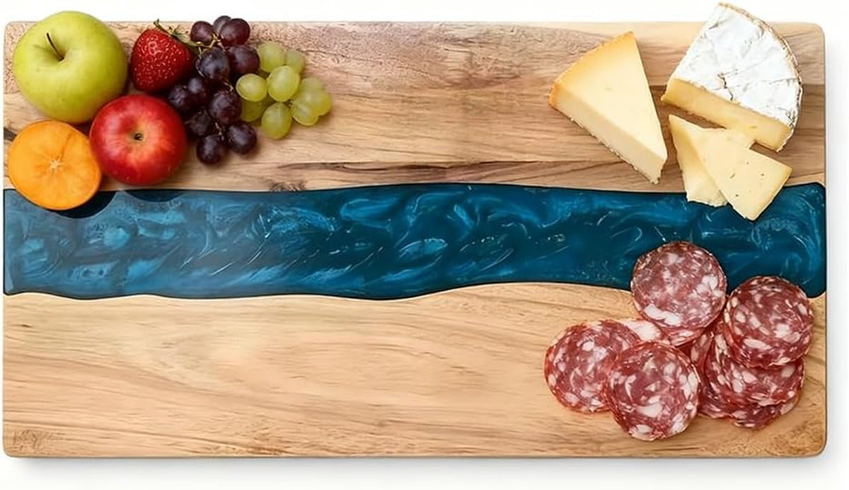 Acacia Wood Resin Charcuterie Board,18 * 9 Inch,Expoxy Resin Ocean Blue Wave Pattern Cutting Board for Kitchen and Mini Bar,Reversible Board for Meat, Cheese, Bread, Vegetables, Fruits