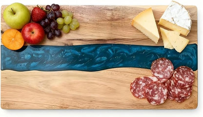 Acacia Wood Resin Charcuterie Board,18 * 9 Inch,Expoxy Resin Ocean Blue Wave Pattern Cutting Board for Kitchen and Mini Bar,Reversible Board for Meat, Cheese, Bread, Vegetables, Fruits