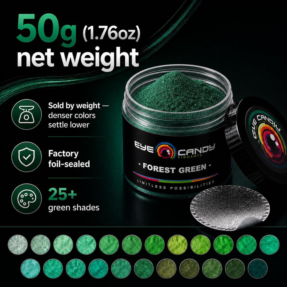 Pigments Premium Green Mica Powder - Forest Green (50Gr) - for Epoxy, Resin, Soap, Paint, Woodworking, Acrylic Pouring, Bath Bombs, Fishing Lures - DIY Arts and Crafts Additive