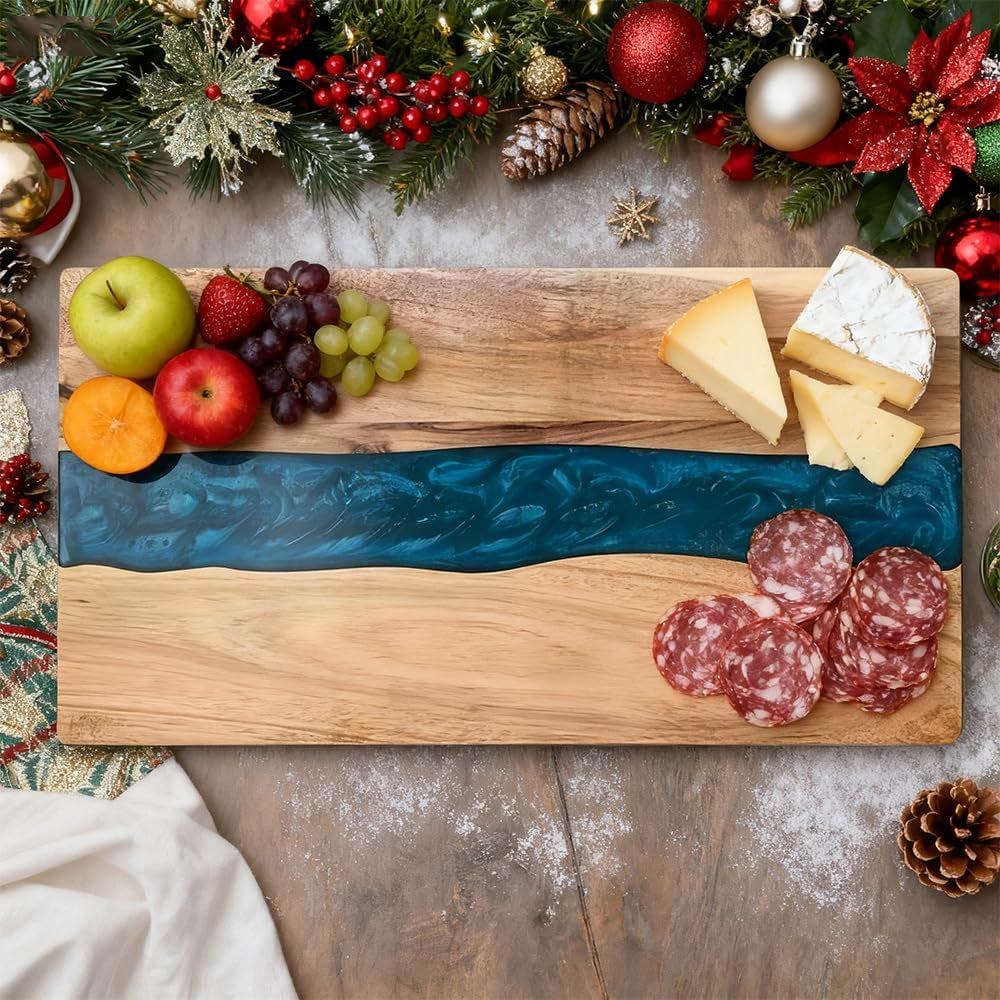 Acacia Wood Resin Charcuterie Board,18 * 9 Inch,Expoxy Resin Ocean Blue Wave Pattern Cutting Board for Kitchen and Mini Bar,Reversible Board for Meat, Cheese, Bread, Vegetables, Fruits