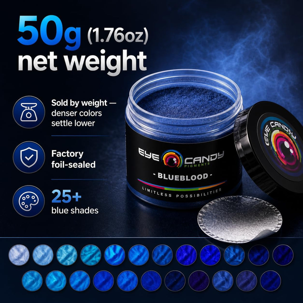 Pigments Premium Blue Mica Powder - Blueblood (50Gr) - for Epoxy, Resin, Soap, Paint, Woodworking, Acrylic Pouring, Bath Bombs, Fishing Lures - DIY Arts and Crafts Additive