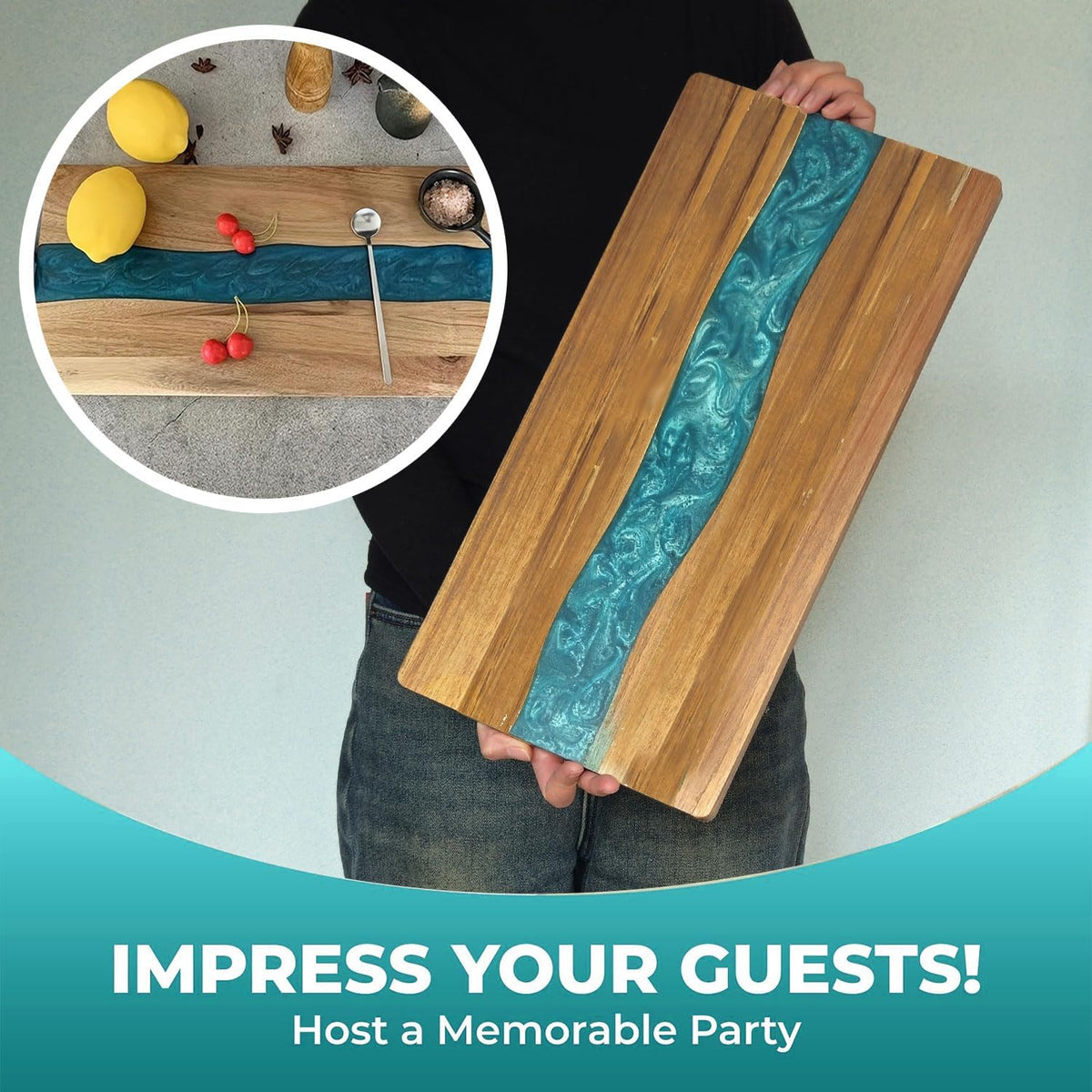 Acacia Wood Resin Charcuterie Board,18 * 9 Inch,Expoxy Resin Ocean Blue Wave Pattern Cutting Board for Kitchen and Mini Bar,Reversible Board for Meat, Cheese, Bread, Vegetables, Fruits